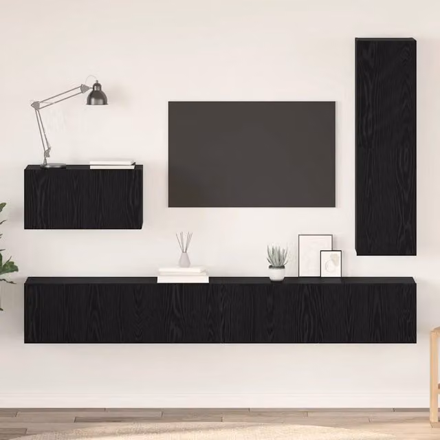Set mobile TV con cassetto 4 pz-Credenza per TV Rovere Nero Legno multistrato