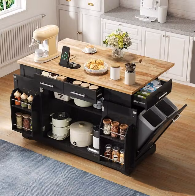 Isola cucina con piano ribaltabile 138x86x92 cm; MDF effetto legno; nero e naturale