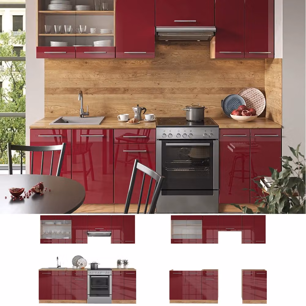 Cucina componibile moderna Fame-Line Vicco Bordeaux lucido e Rovere dorato L: 240 cm senza piano di lavoro – 2