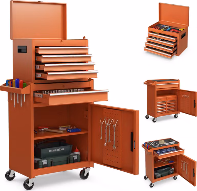 COSTWAY Carrello da officina 2in1 con valigetta, 8 scomparti, ganci, rotelle e ripiano regolabile, carrello portautensili bloccabile fino a 100 kg senza attrezzi 59x28x102 cm