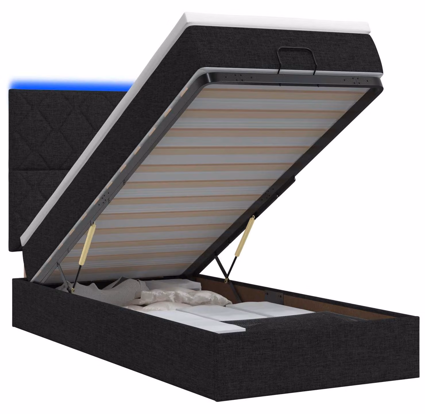 Panca contenitore con materasso e luci LED, colore nero, 100 x 200 cm, rivestita in tessuto