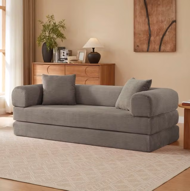Divano letto modulare ULEVR 99 cm in velluto taupe, trasformabile in letto singolo, con imbottitura in schiuma