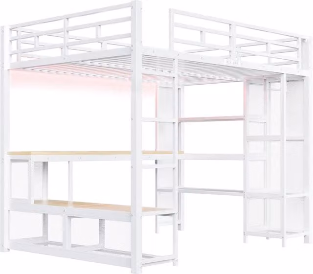 Letto a soppalco in metallo 140x200 cm, bianco, con scrivania integrata, scaffali, armadio aperto, LED a 16 colori e presa USB