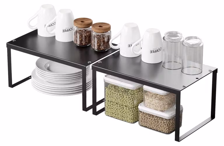 Organizzatori per armadietti da cucina - Set da 2 - Scaffali estraibili in metallo - Salvaspazio - Resistenti alla ruggine - Adatti per armadietti e piani di lavoro - Scaffali portaoggetti
