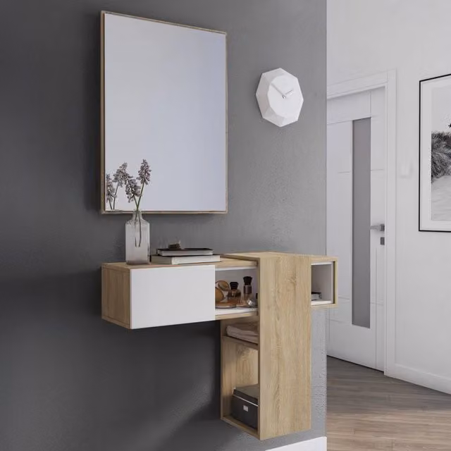 Mobile da ingresso Daba DMORA con specchio, design moderno in finitura rovere marrone e bianco, L: 100 cm, P: 31.2 cm, H: 75 cm – 1