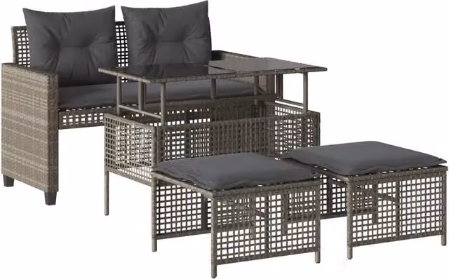 Divano da Giardino 4pz | Set Salotto da Giardino Cuscini Grigio Chiaro Polyrattan e Vetro