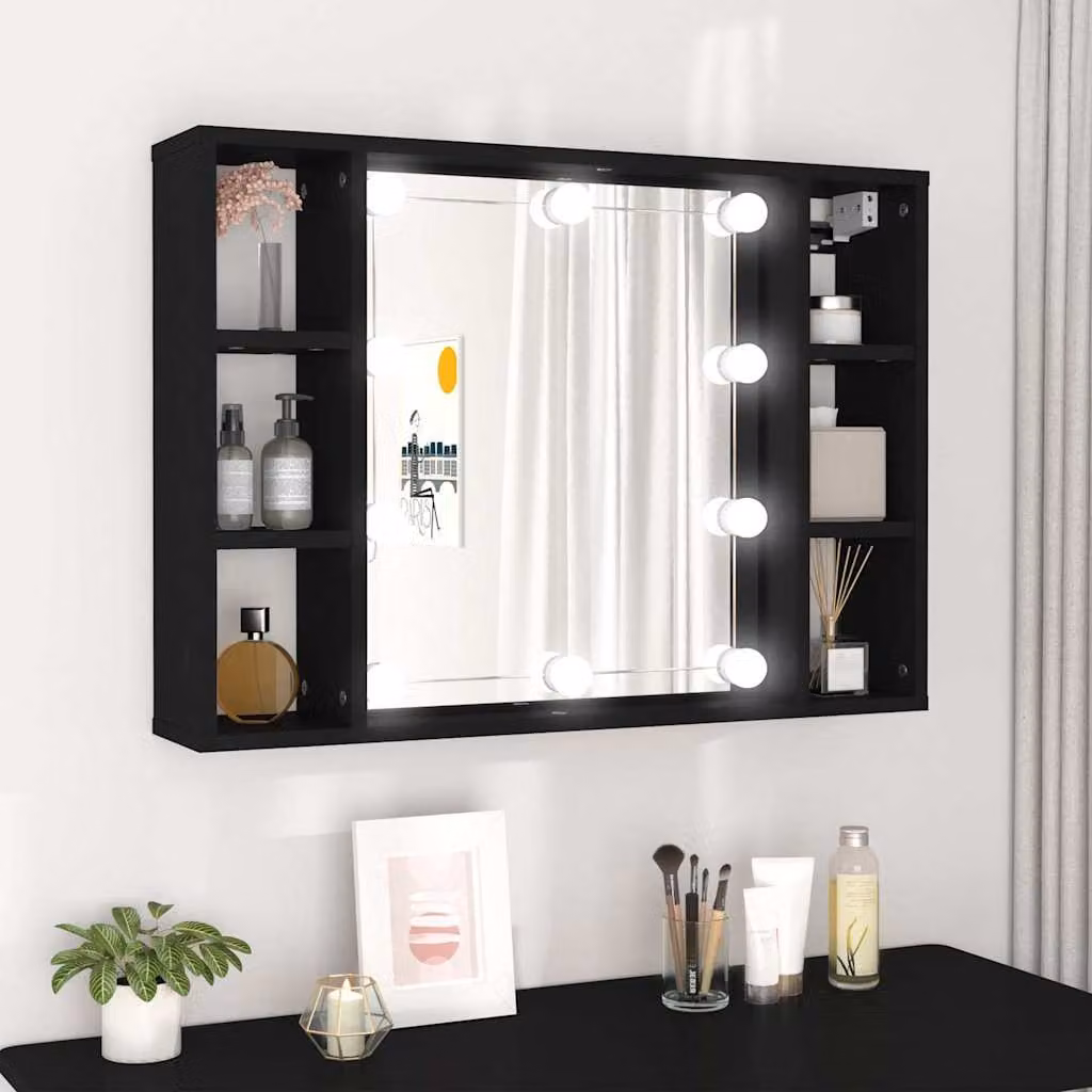 Armadio da bagno con specchio e illuminazione LED vidaXL Nero L: 76 cm, P: 15 cm, H: 55 cm