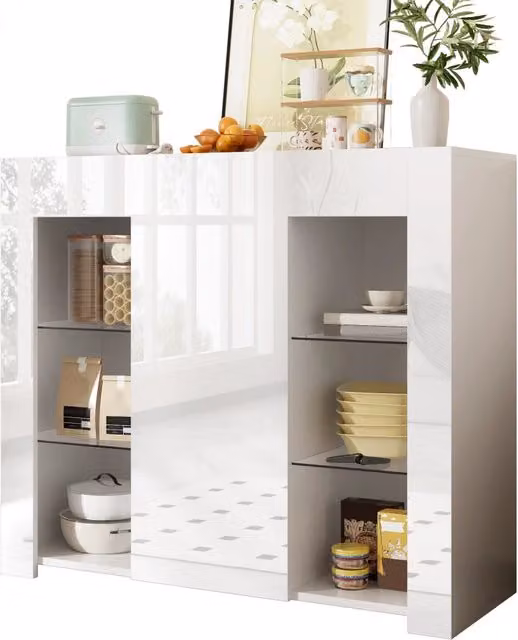 Credenza con 1 Anta e ripiani in vetro; frontale lucido; per soggiorno cucina; 95×35×83 cm; bianco