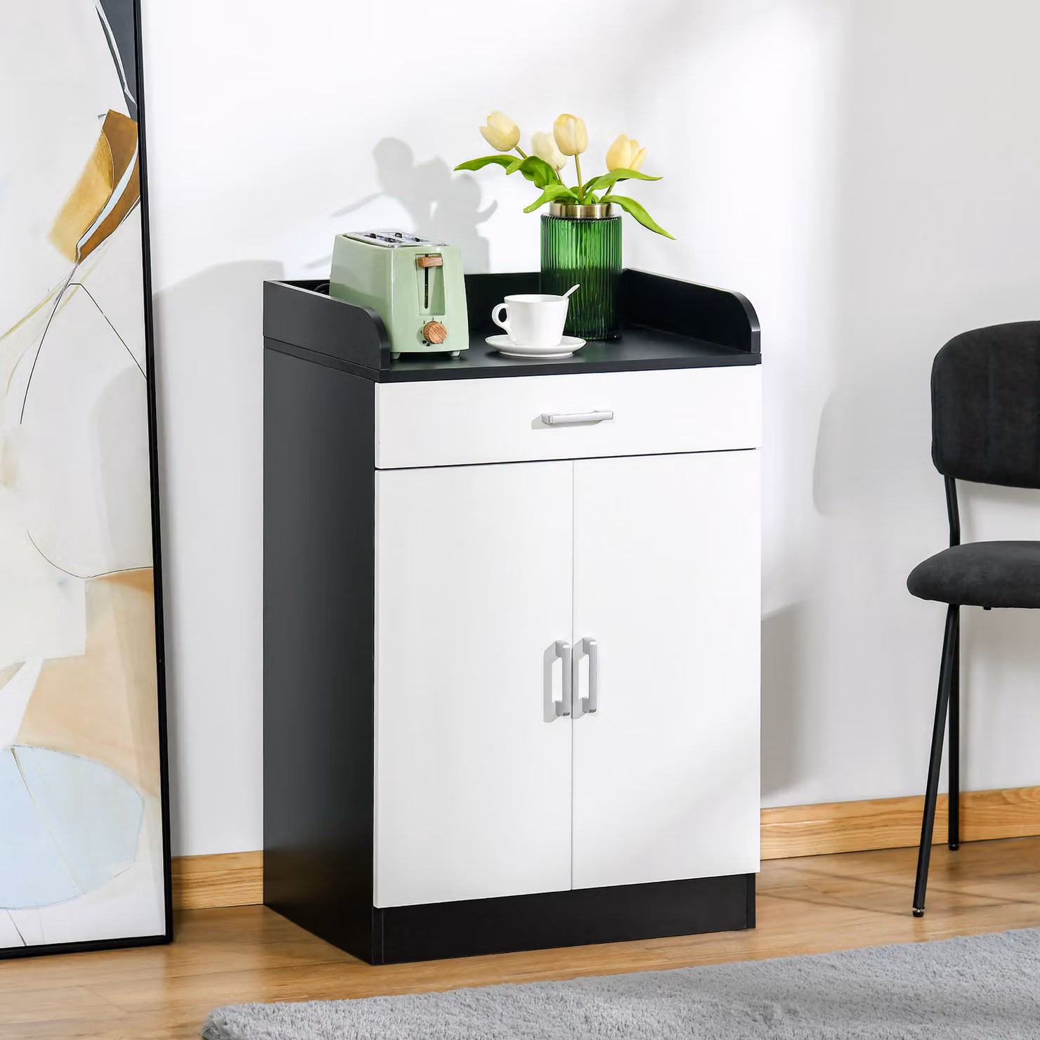 Mobiletto HOMCOM con Cassetto e Ripiano Regolabile in MDF per Cucina, Soggiorno o Anticamera, Bianco e Nero, L: 60 cm, P: 40 cm, H: 90 cm – 2