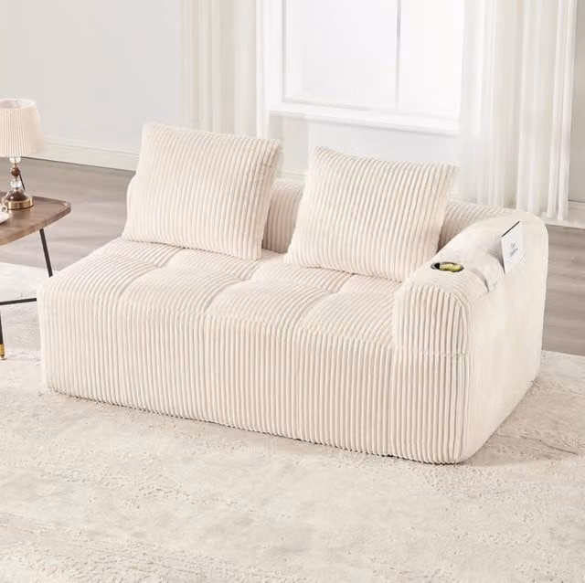 Divano compatto in corduroy con tasche laterali e portabicchieri; 158x93x61 cm; beige