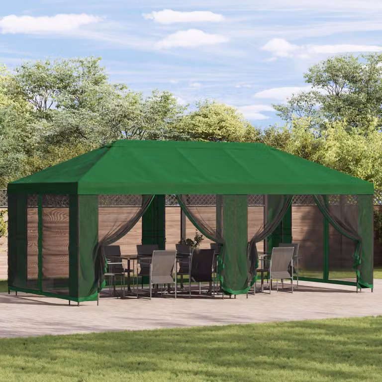 vidaXL Gazebo da giardino con pareti laterali in acciaio e poliestere Verde e Nero L: 600 cm, P: 300 cm, H: 276,5 cm