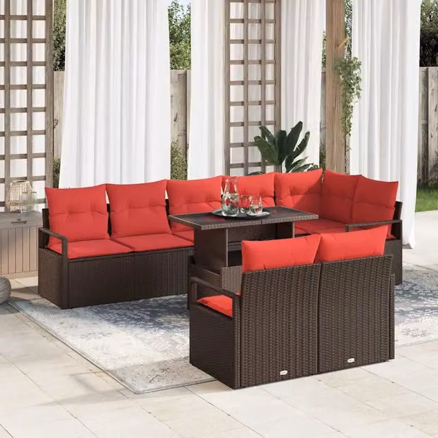 Set Divano da Giardino 9 pz 8-Numero di posti Marrone e Rosso 3348850
