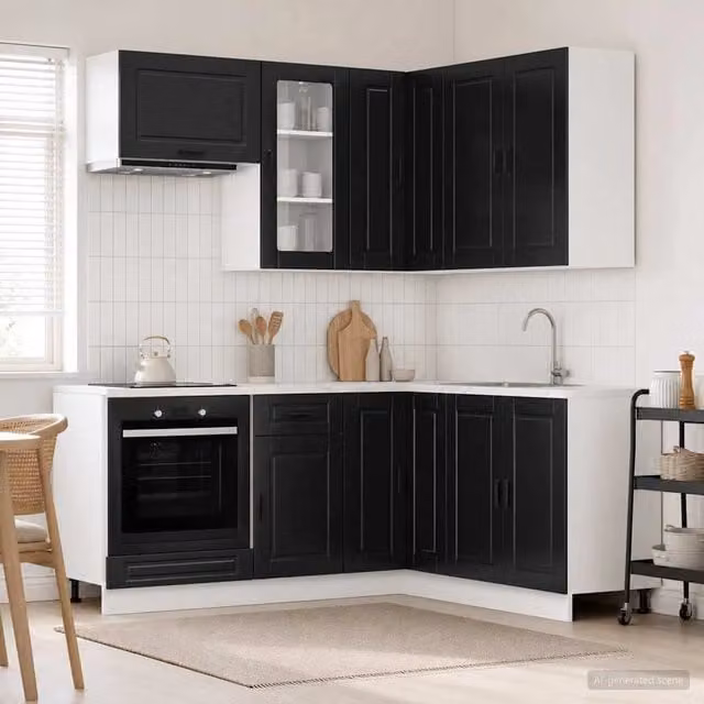 Unità cucina moderna vidaXL PORTO in legno MDF nero con ante in vetro e scaffali aperti 8 pz – 1