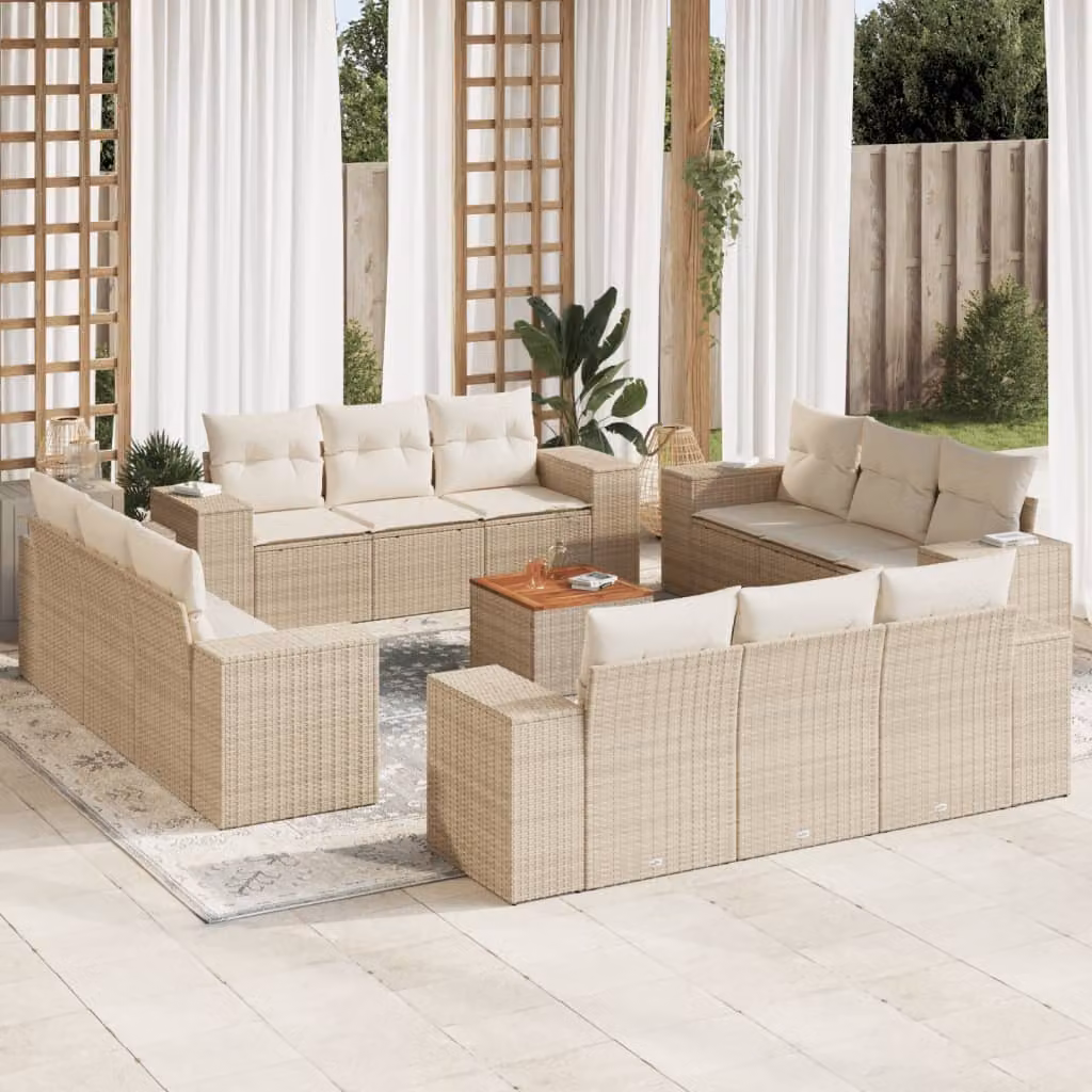 vidaXL Set Divano da Giardino 13 pz a forma di U con Cuscini Beige e Tavolino da Caffè in Polyrattan e Acciaio – 1