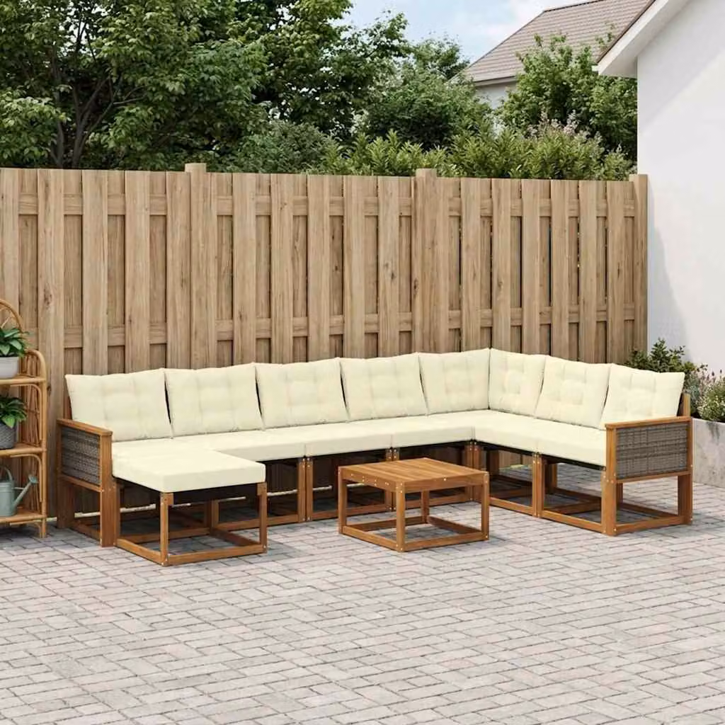 Set di divani da esterno vidaXL 9 pezzi in legno di acacia con cuscini beige e bianco per giardino e terrazza