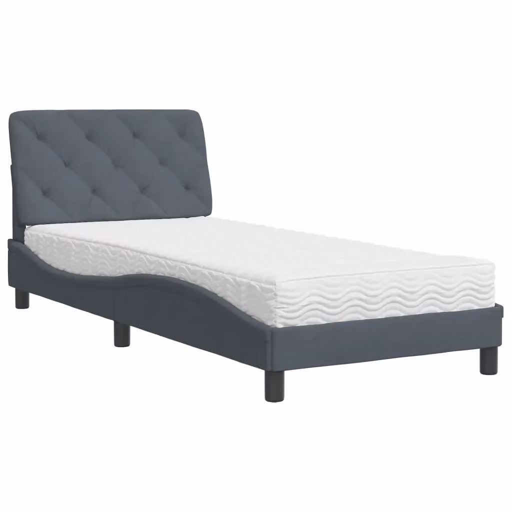 Letto moderno vidaXL con materasso in velluto grigio e bianco, struttura imbottita in legno e metallo, L/P/H: 90 x 190 cm – 2