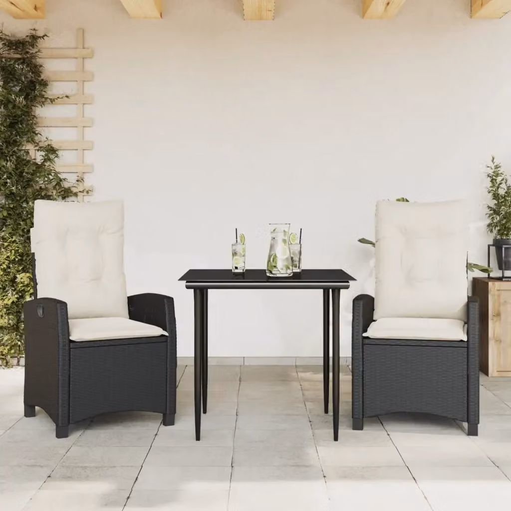 Set da Pranzo da Giardino 3 pz in Polyrattan Nero con Piano in Vetro e Cuscini Bianchi – 2