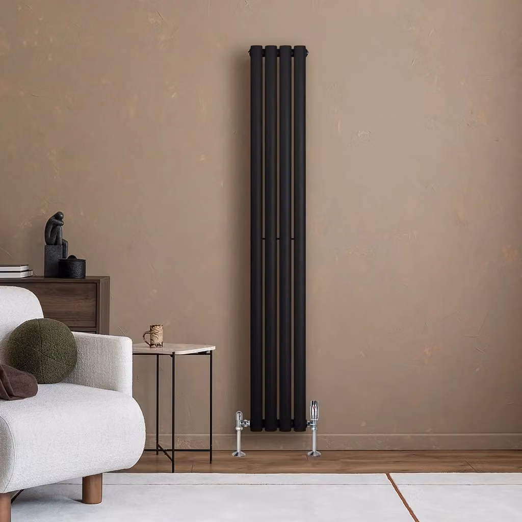 Radiatore Verticale Ovale Monstershop in Acciaio Nero con Valvole Termostatiche e Staffa a Parete H: 160 cm, L: 24 cm – 2
