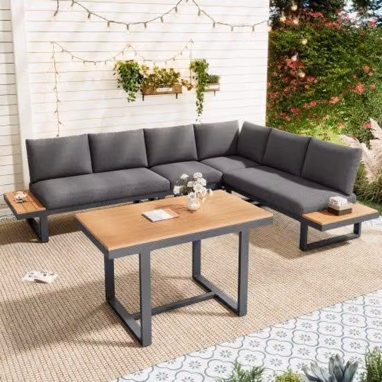 Set di mobili da giardino, modello ad angolo, con funzione di inclinazione regolabile (5 posizioni, fino a 55°), struttura in tubi d'acciaio zincato, tavolo in plastica effetto legno, con area pranzo, colore grigio e nero
