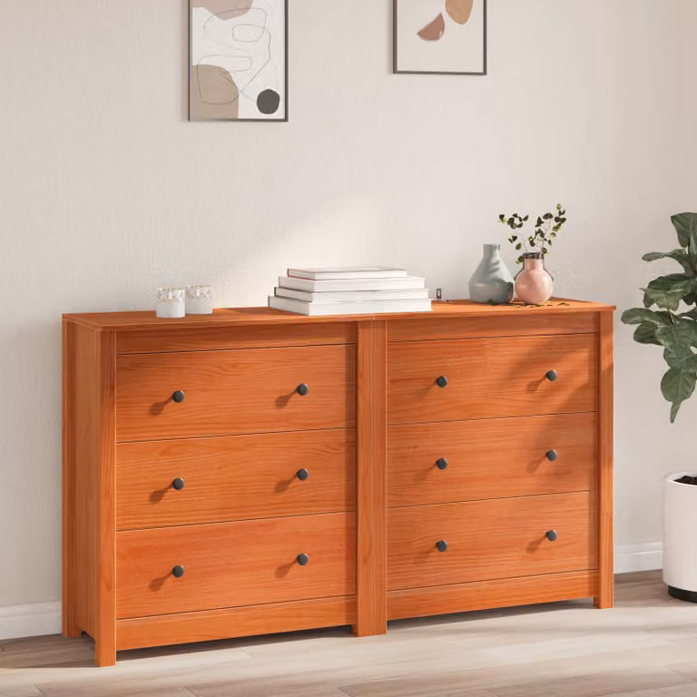 Set di 2 credenze vidaXL in legno di pino color marrone cera, stile moderno, L 140 x P 35 x H 80 cm