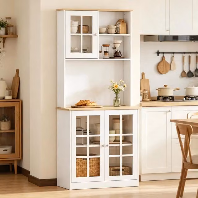 Mobile colonna da cucina Mivray con ante in vetro, finitura opaca bianco e beige, L: 80 cm, P: 37 cm, H: 183 cm