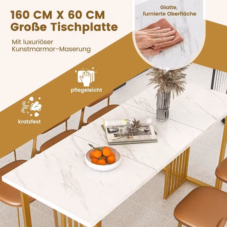 Tavolo da pranzo in legno tavolo da cucina rettangolare 160 x 60 cm con aspetto marmo e gambe in metallo bianco + oro