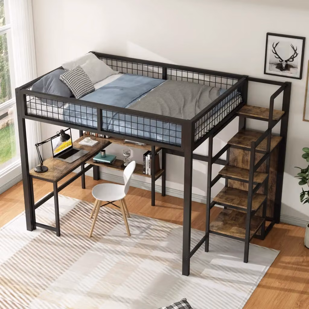 Letto a soppalco REDOM con scrivania, armadio e scale, L/P: 140 x 200 cm, in MDF e metallo, Nero/Marrone – 2