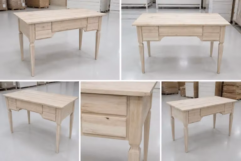 Scrivania con 5 cassetti in legno di pino grezzo Mobili 2G L: 120 cm, P: 57 cm, H: 80 cm