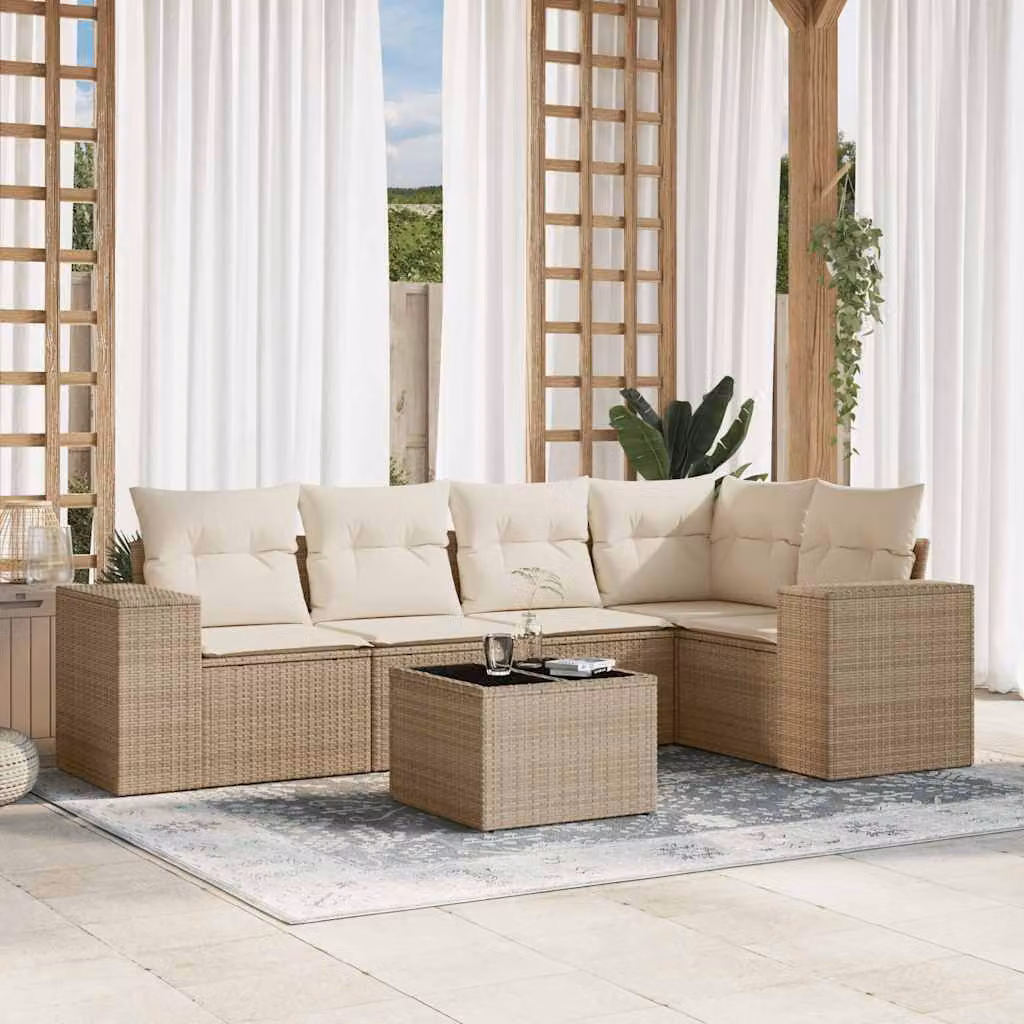 vidaXL Set Divano da Giardino a L 6 pz con Cuscini Beige e Tavolino in Vetro – 1
