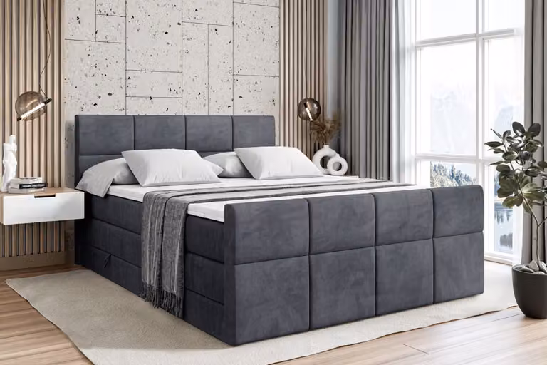 Letto boxspring ALTDECOR con pediera, 2 materassi e topper - 120x200 cm - ARDENI-Z KING - Velluto grigio scuro - Letto imbottito con materassi H3 e H4, contenitore e rete a doghe, letto con spazio contenitivo