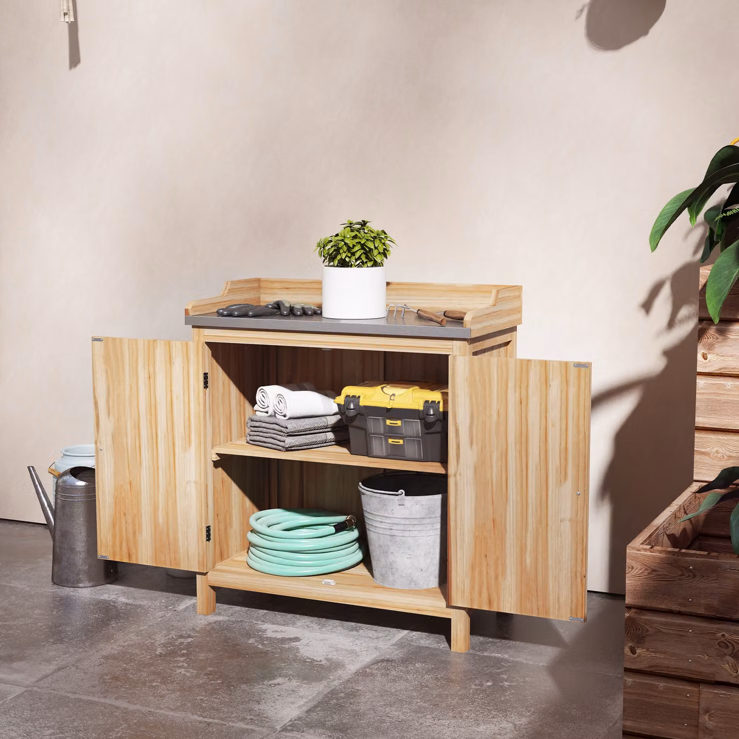 Outsunny Tavolo da trapianto da giardino beige con 2 ripiani in metallo e piedini in legno di pino – 2