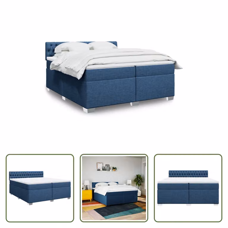 The Living Store Letto a molle con materasso blu 200x200 cm in tessuto