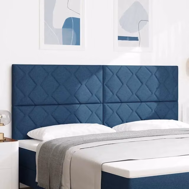 Testiera per letto moderna vidaXL in tessuto blu con struttura in legno e pannello imbottito geometrico L: 128 cm, H: 7 cm, P: 11 cm
