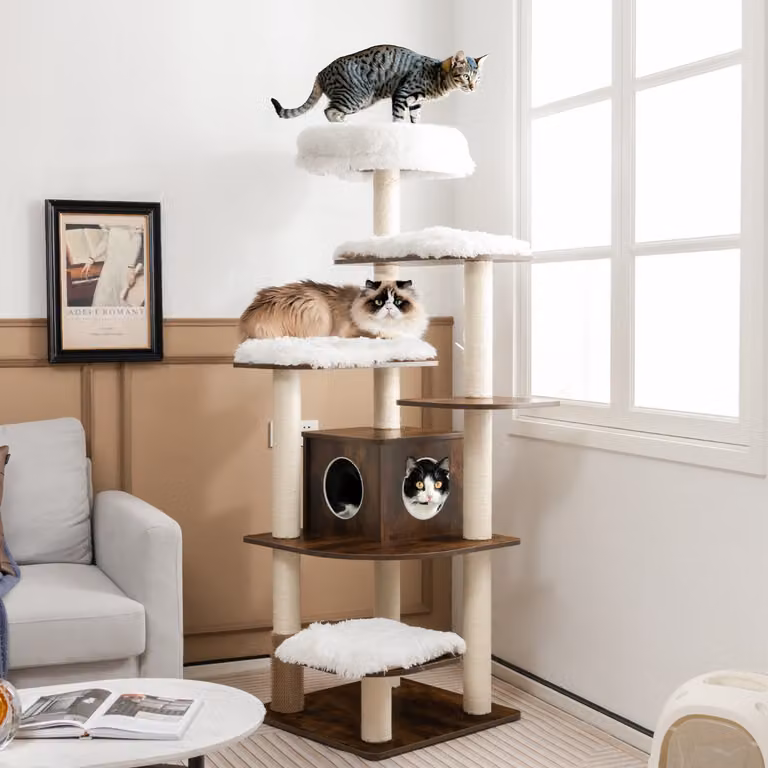 Albero per gatti Costway con piattaforme multilivello, tiragraffi e colonne, Marrone, Altezza: 179 cm