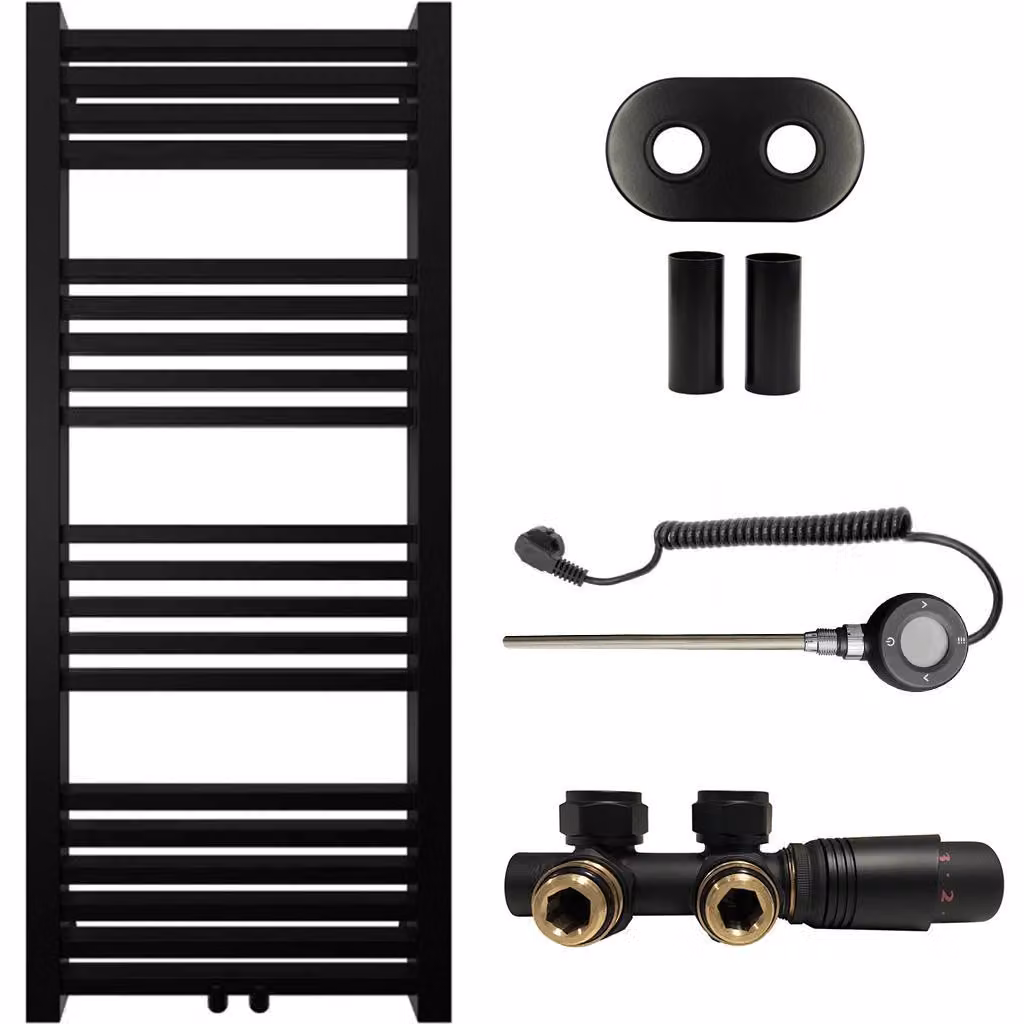 CERANO - Set di radiatori da bagno Franko - riscaldamento combinato, asta Wi-Fi - attacco centrale da 50 mm - 392 W - nero opaco - 1200 x 500 mm
