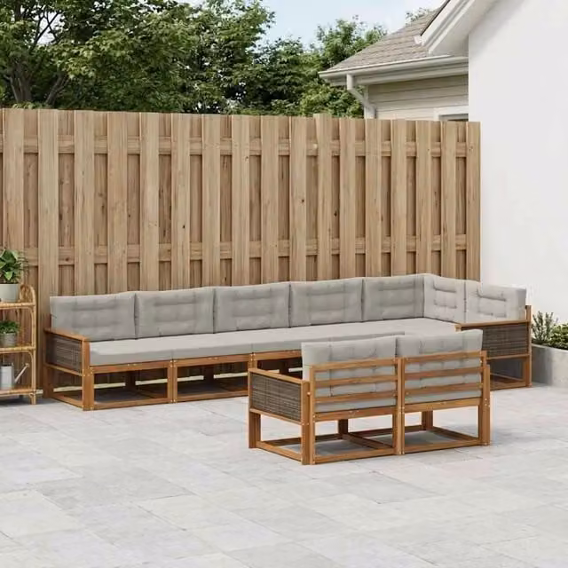 Set di divani da esterno a forma di U vidaXL in legno di acacia con pouf e cuscini, beige e grigio