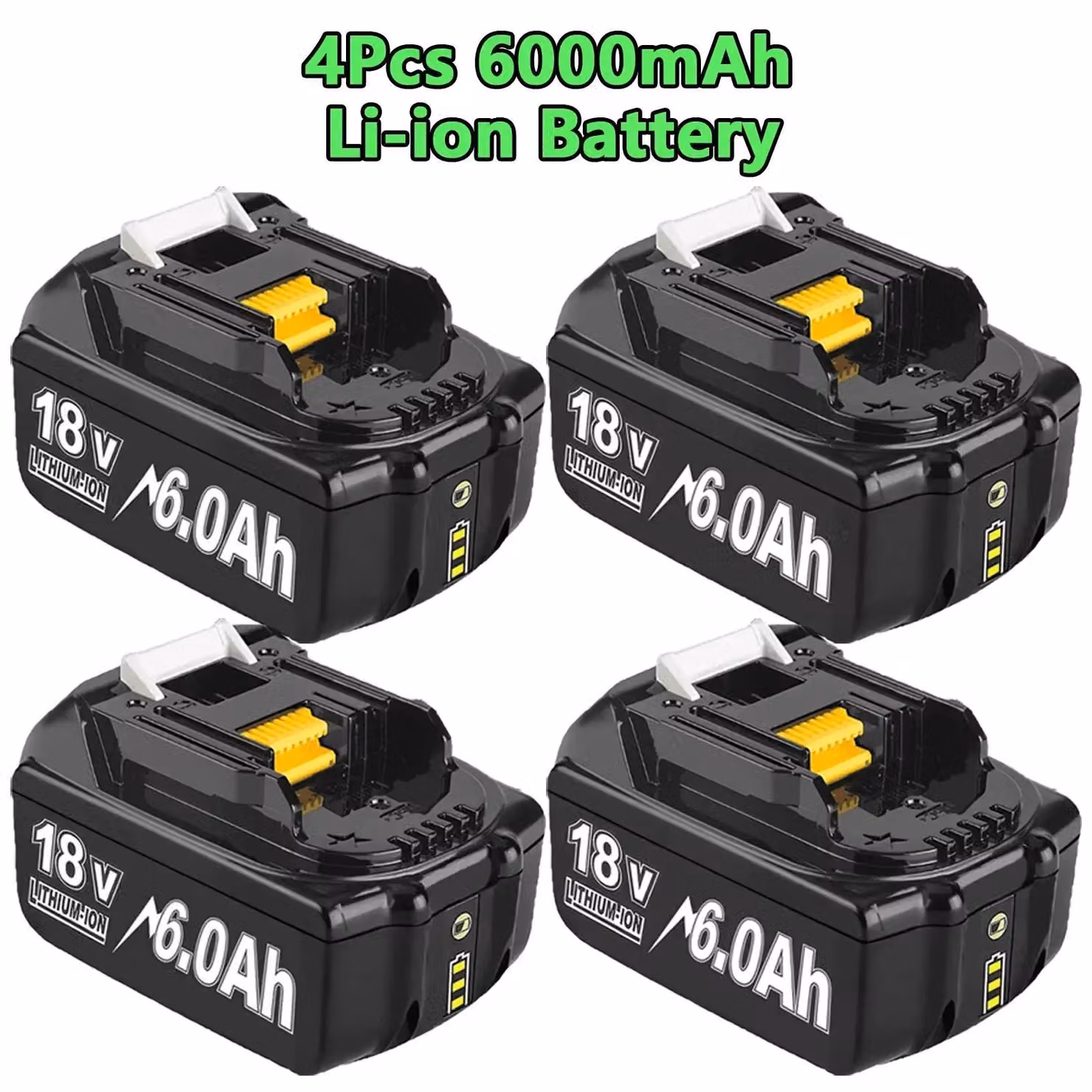 Batterie BL1830, BL1840, BL1850, BL1860 - Batteria di ricambio agli ioni di litio da 18V - 6,0Ah (6000mAh) - Alta capacità - Set da 4 - Per utensili elettrici - Certificata RoHS