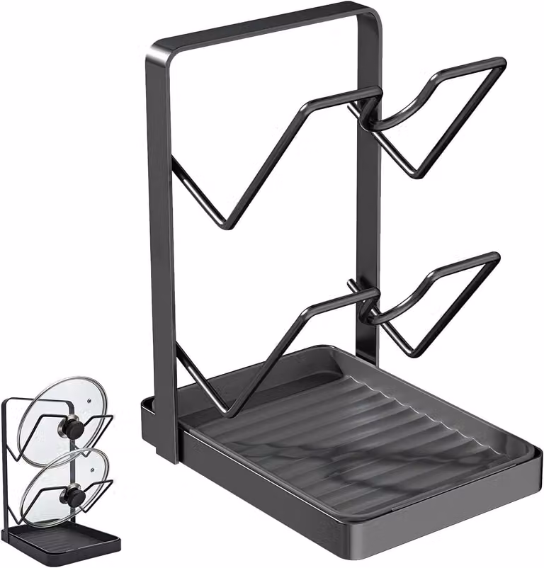 Supporto per coperchi con vaschetta di raccolta, organizer per la cucina, grigio, per piano di lavoro