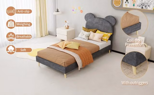 Letto imbottito moderno 90×200 cm in tessuto grigio con testiera morbida a tema cartoon, base bassa senza contenitore, senza materasso