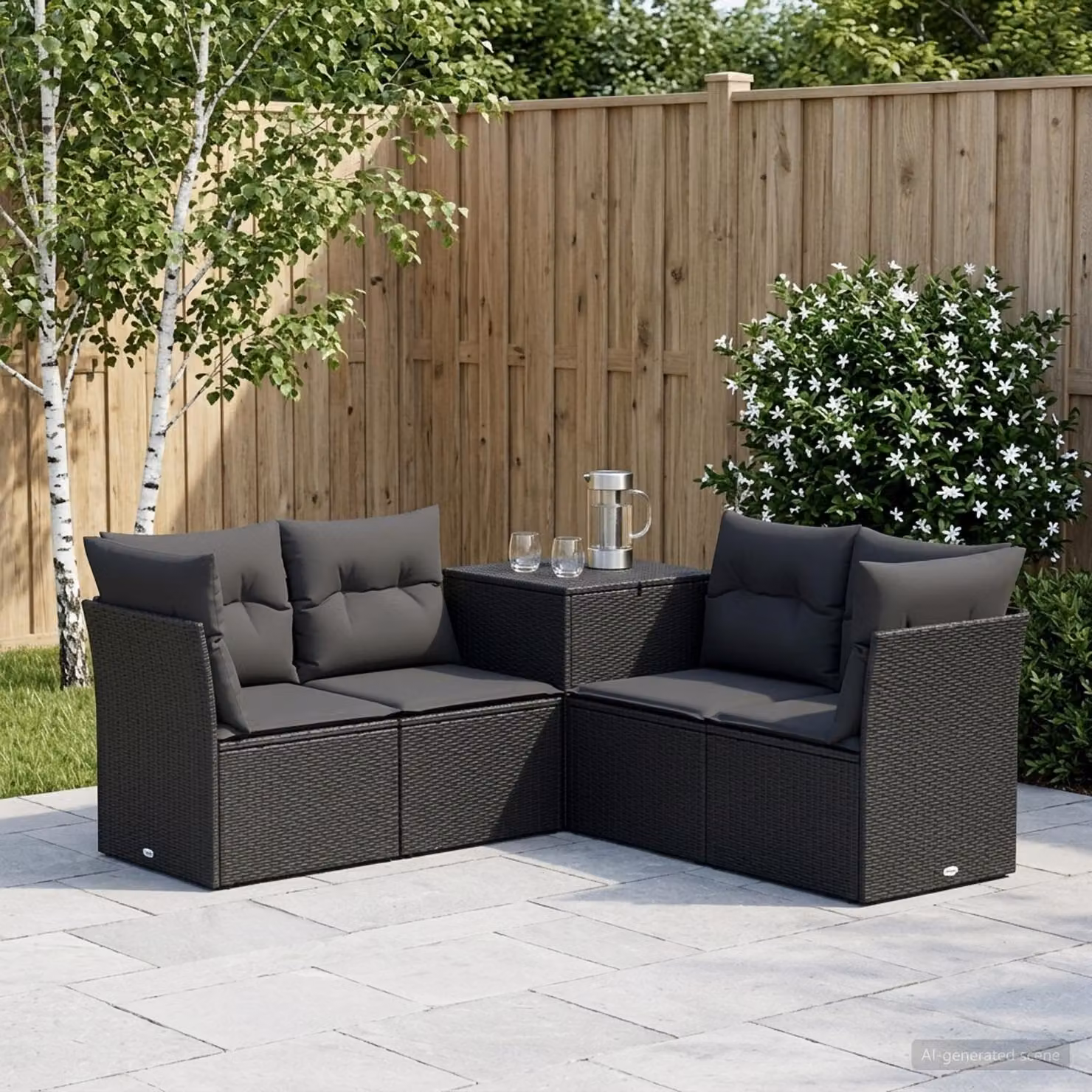 Set di divani da giardino vidaXL a forma di L composto da 5 pezzi in rattan sintetico e acciaio, colore nero con cuscini inclusi