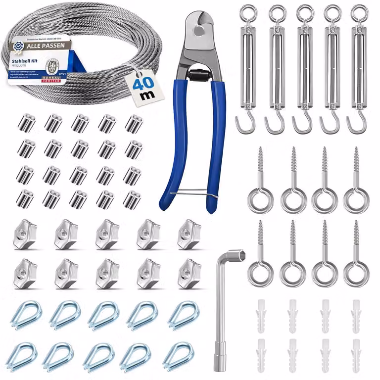 Set di cavi in acciaio inossidabile da 40 metri, diametro 3 mm, completo di tenditori per cavi M5 e ganci a parete, ideale per supporti per piante rampicanti, stendini per bucato e recinzioni