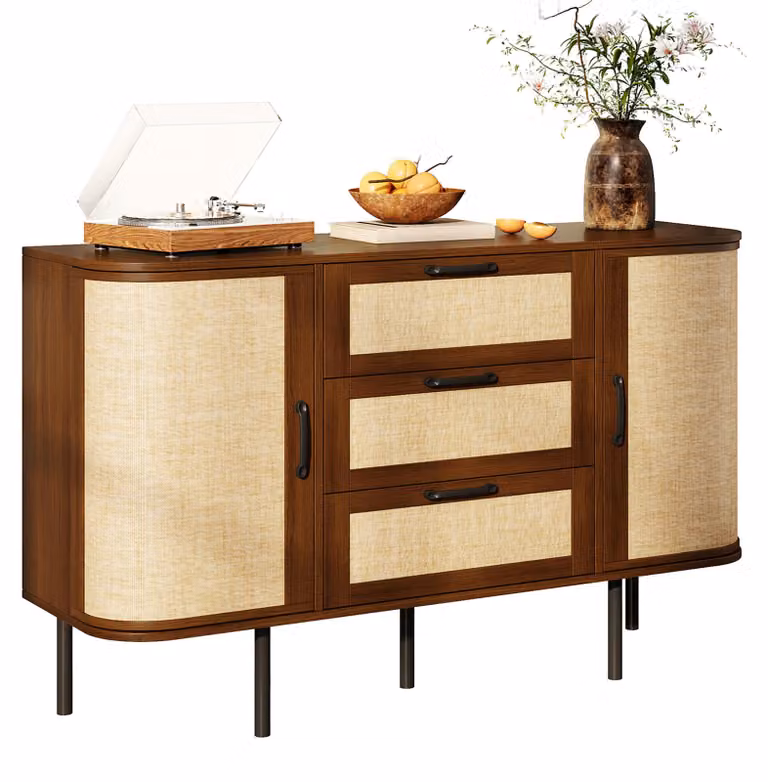 Mobile contenitore Moonbite, larghezza 120 cm, con 2 ante e 3 cassetti, angoli arrotondati, frontale in rattan, pannello MDF, finitura noce