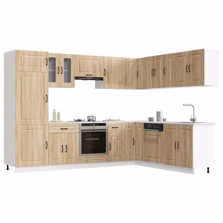 Set di mobili da cucina moderno vidaXL Kalmar composto da 14 pezzi in colore rovere marrone con ante a battente e ripiani interni