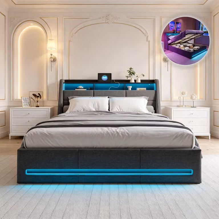 Letto imbottito INONEFT 160x200 cm con LED e USB, letto contenitore idraulico con rete a doghe, moderno letto a molle per camera da letto, in velluto, color beige