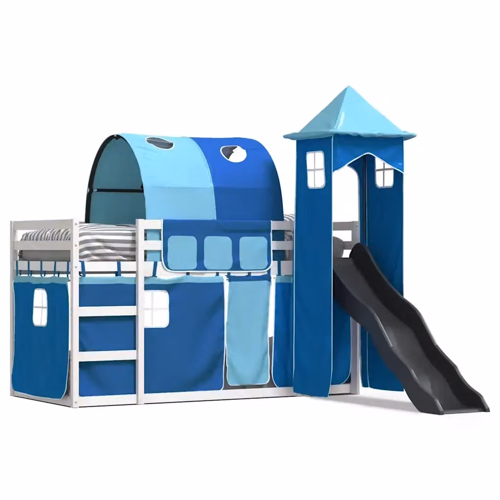 Letto a castello per bambini vidaXL in legno di pino con scivolo e tende blu L 200 cm x P 90 cm x H 205,5 cm – 2