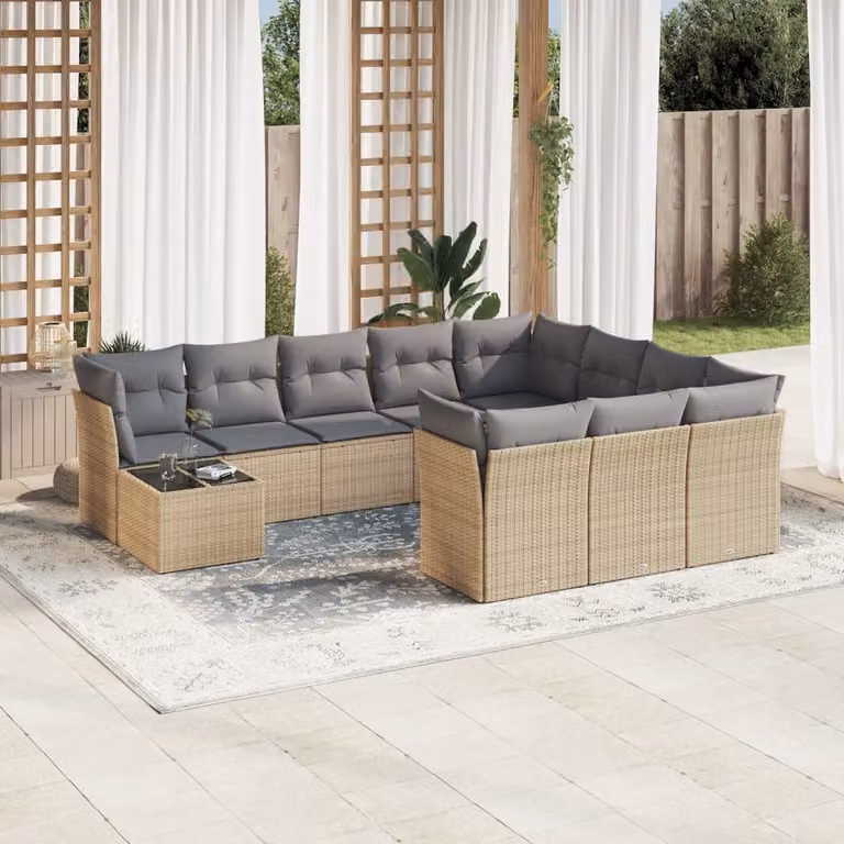 vidaXL Set Divani da Giardino 11 pz a Forma a U con Cuscini Beige e Tavolino in Vetro