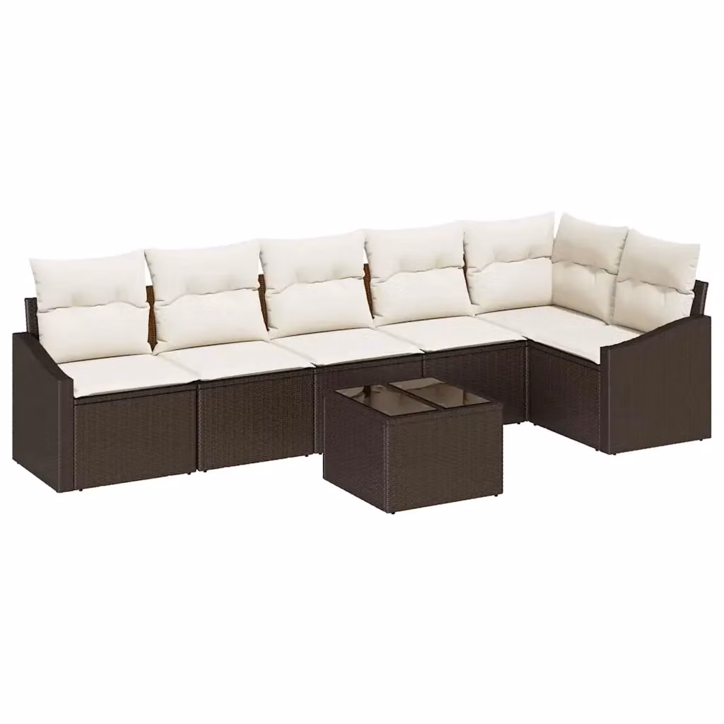 vidaXL Set Divano da Giardino 7 Pezzi in Polyrattan Marrone e Beige con Cuscini e Tavolino – 2