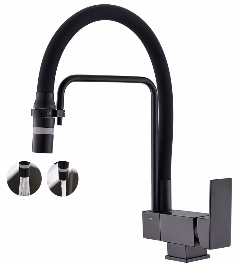 Rubinetto da cucina pieghevole, monoblocco, con due getti, girevole a 360°, colore nero
