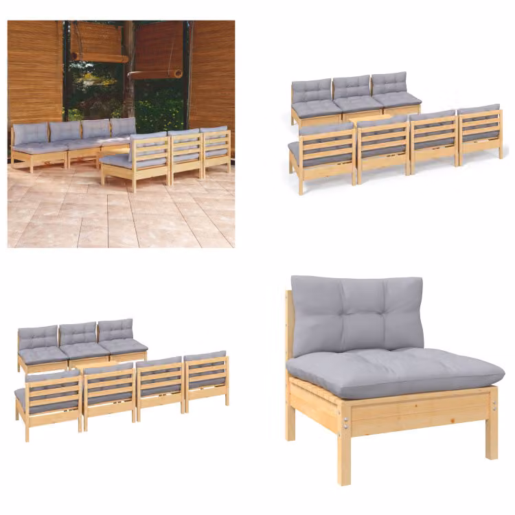 vidaXL set salotto da giardino 8 pezzi con cuscini grigi in legno di pino - Set salotto da giardino - Set salotto da giardino - Set mobili da giardino - Set mobili da giardino