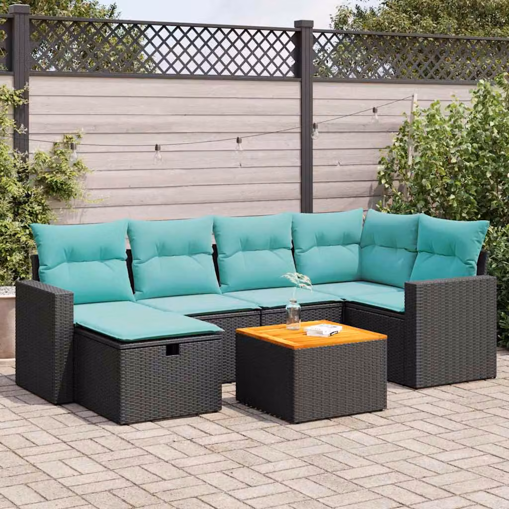 Set Divano da Giardino a L vidaXL con 7 Pezzi, Polyrattan e Cuscini Imbottiti, Colore Nero